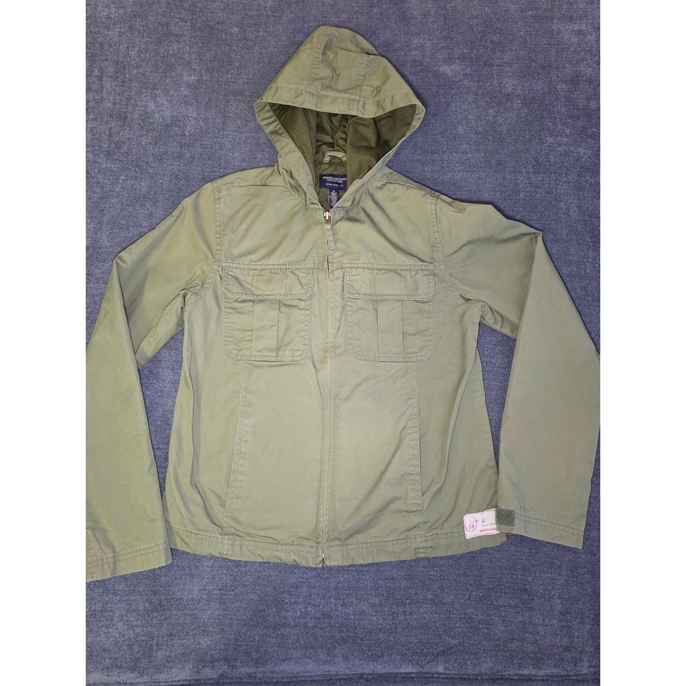 American Eagle Outfitters Womens Olive Green Hooded Utility Jacket Size S Zip Up